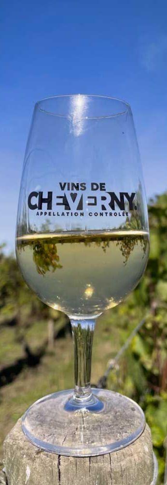 Stemmed glass, containing an AOC Cheverny white wine, placed on a piqué in the middle of the AOC vineyards on a sunny afternoon. 